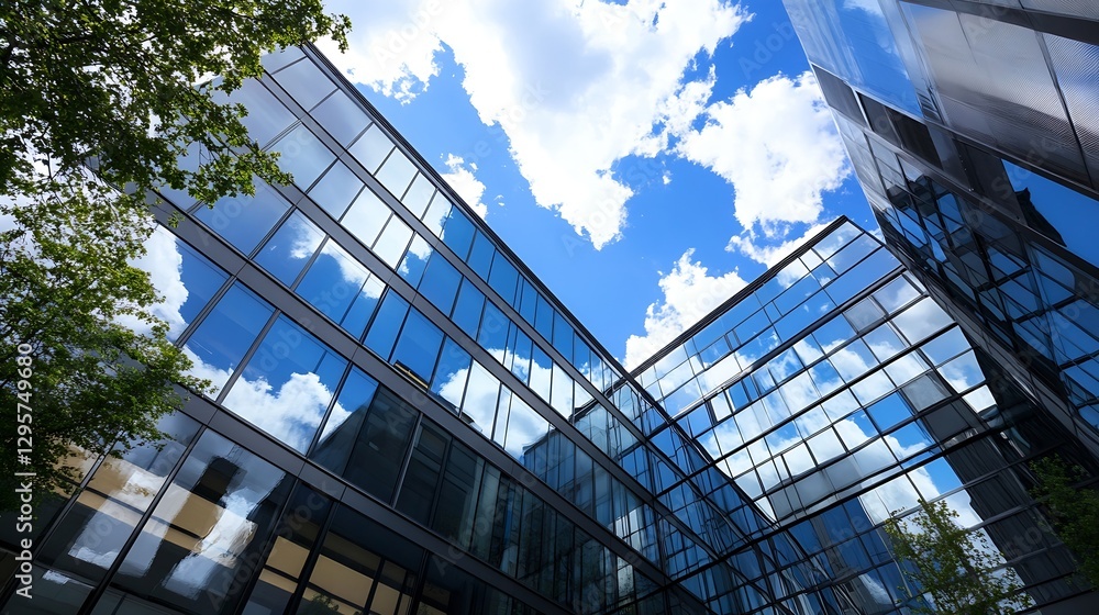Obraz premium Reflective Glass Facade of Modern Buildings Under Blue Sky with Fluffy Clouds : Generative AI