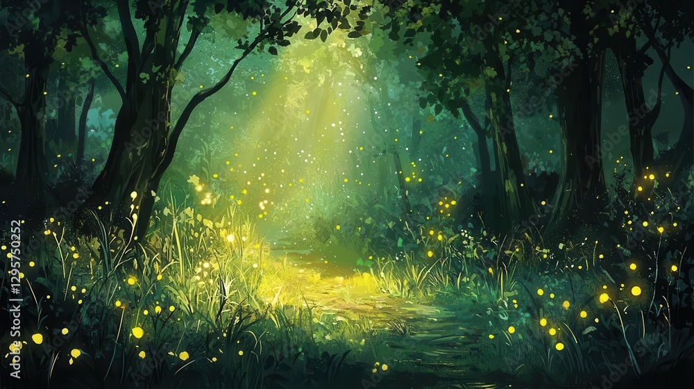 Obraz premium Enchanting Forest Path with Glowing Fireflies