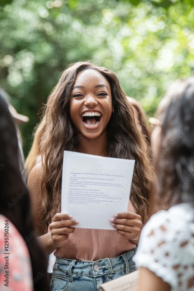 A student celebrating with friends after receiving a full scholarship. They hold an acceptance letter in hand, smiling with excitement, Generative AI