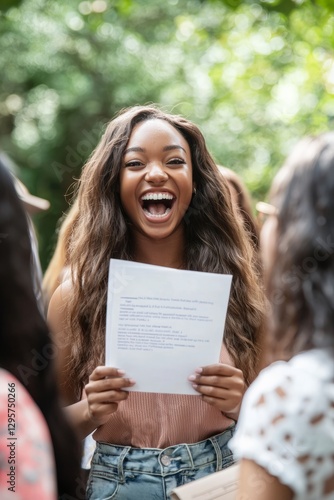 Obraz na płótnie A student celebrating with friends after receiving a full scholarship. They hold an acceptance letter in hand, smiling with excitement, Generative AI w salonie