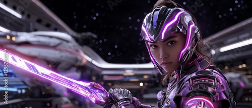 Female warrior wielding energy sword on spaceship photo