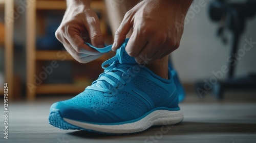 A man is getting ready for exercise. He's putting on his running shoes and tying the laces. He's preparing for cardio, fitness, or a workout in the gym.