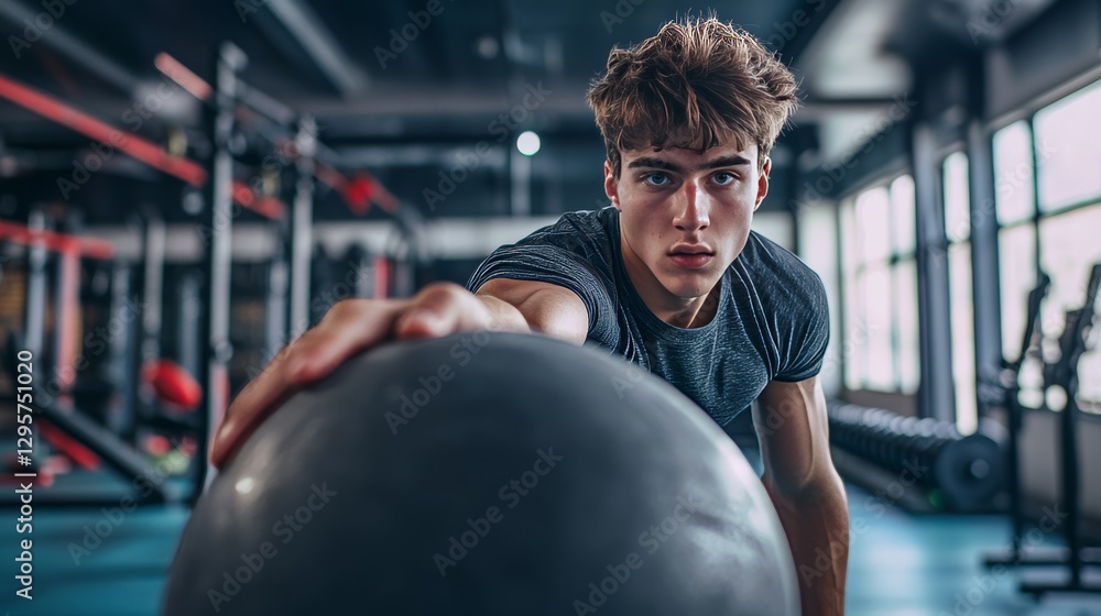 A young man does a workout with a medicine ball in a gym setting to stay fit. A young man does a workout with a medicine ball in a gym setting to stay fit.