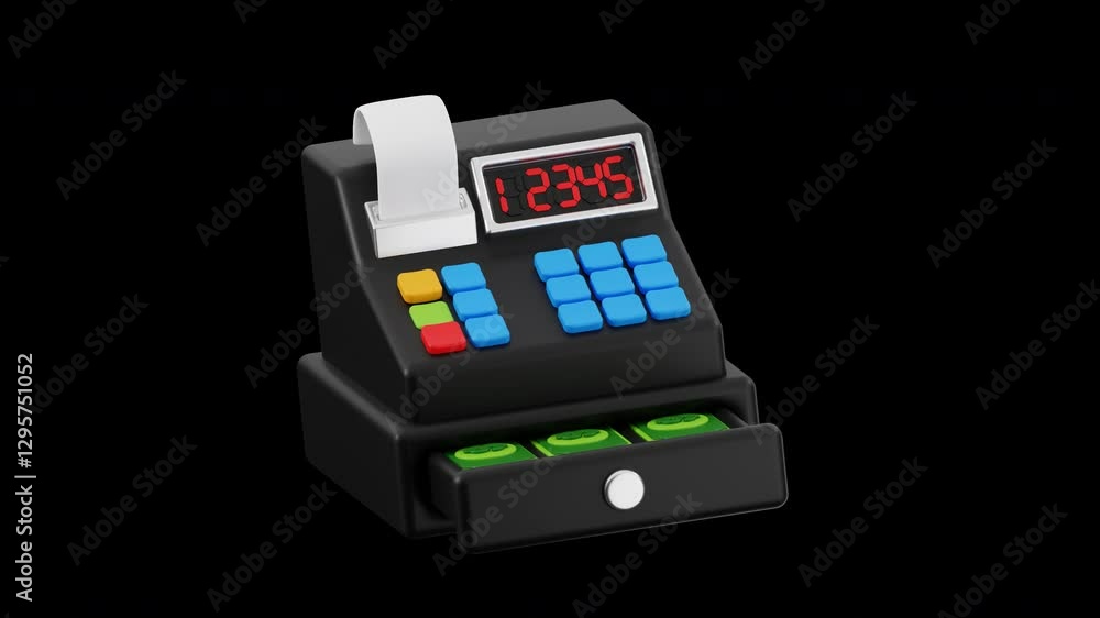 3d cash register icon alpha channel transparent background looping animation video with the same duration. 3d render. 3d cash register icon alpha channel transparent background looping animation video with the same duration. 3d render.