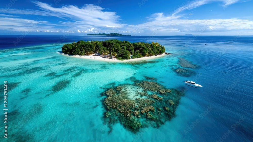 Aerial view of a tropical island surrounded by crystal-clear blue waters, coral reefs visible beneath the surface Aerial view of a tropical island surrounded by crystal-clear blue waters, coral reefs visible beneath the surface