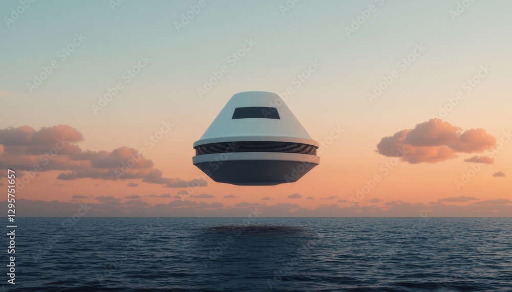 A futuristic spacecraft hovers above the ocean at sunset, showcasing a serene yet mysterious atmosphere. A futuristic spacecraft hovers above the ocean at sunset, showcasing a serene yet mysterious atmosphere.