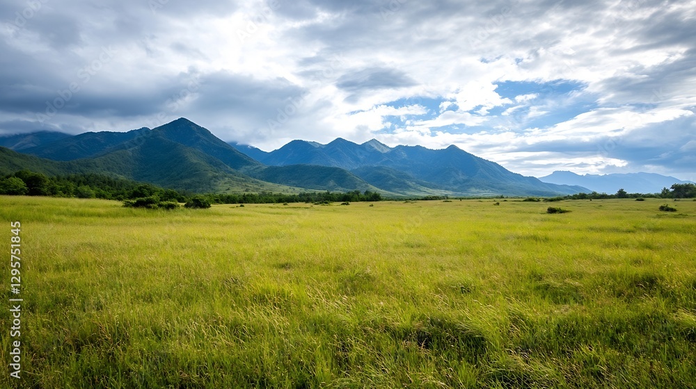 Stunning Mountain Range Surrounded by Lush Green Grass Under Dramatic Cloudy Sky : Generative AI Stunning Mountain Range Surrounded by Lush Green Grass Under Dramatic Cloudy Sky : Generative AI