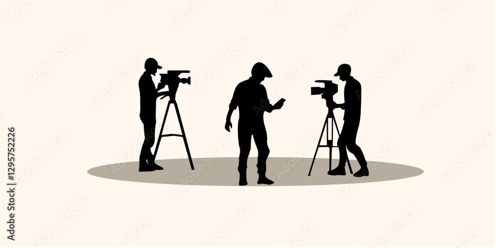 Obraz premium Graphic set silhouette of cameraman concept. 2D icon of crew media on black shadow. Vector illustration.