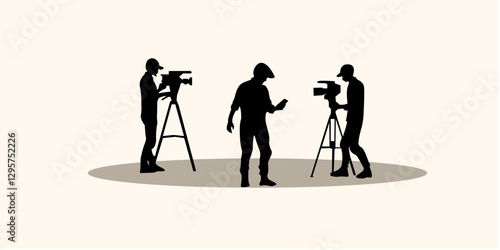 Graphic set silhouette of cameraman concept. 2D icon of crew media on black shadow. Vector illustration.
