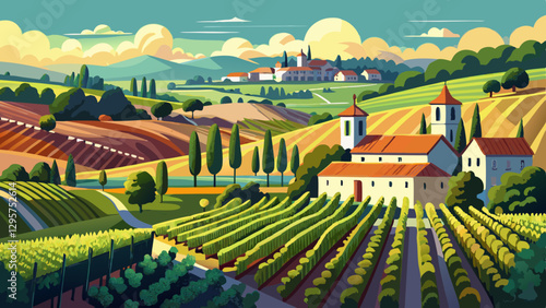 Rows of vineyard grape landscape in Bourgogne, France