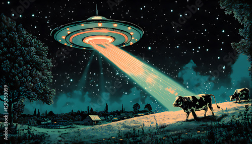 A UFO hovers over a rural landscape at night, casting a bright beam of light on a cow, creating a classic alien abduction scene.