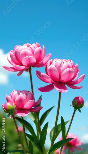 Pink peony flowers against a clear blue sky with clouds, flowers, blooming, garden
