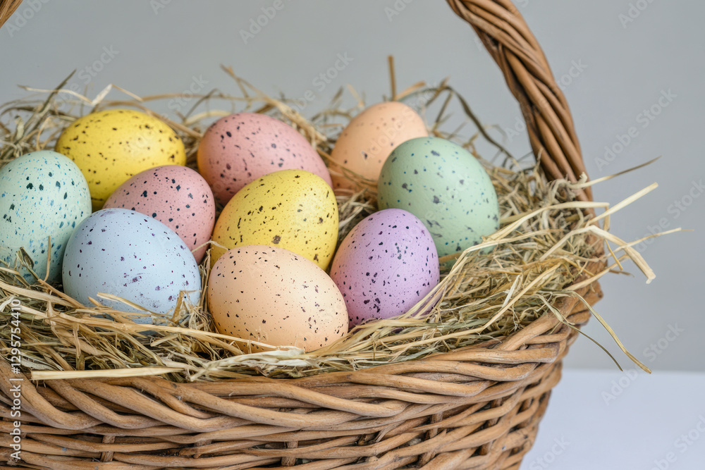 Colorful speckled Easter eggs in a wicker basket. Colorful speckled Easter eggs in a wicker basket.