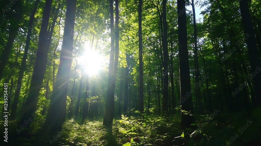 Fototapeta premium Sunlight Streaming Through Trees in a Lush Green Forest : Generative AI