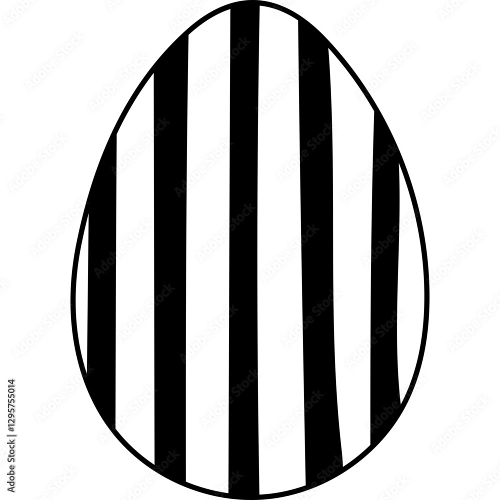 Lovely black and white painted egg with vertical wide stripes pattern for Easter egg hunt. Trendy hand drawn doodle to celebrate religious springtime holiday, funny game isolated on white background. Lovely black and white painted egg with vertical wide stripes pattern for Easter egg hunt. Trendy hand drawn doodle to celebrate religious springtime holiday, funny game isolated on white background.