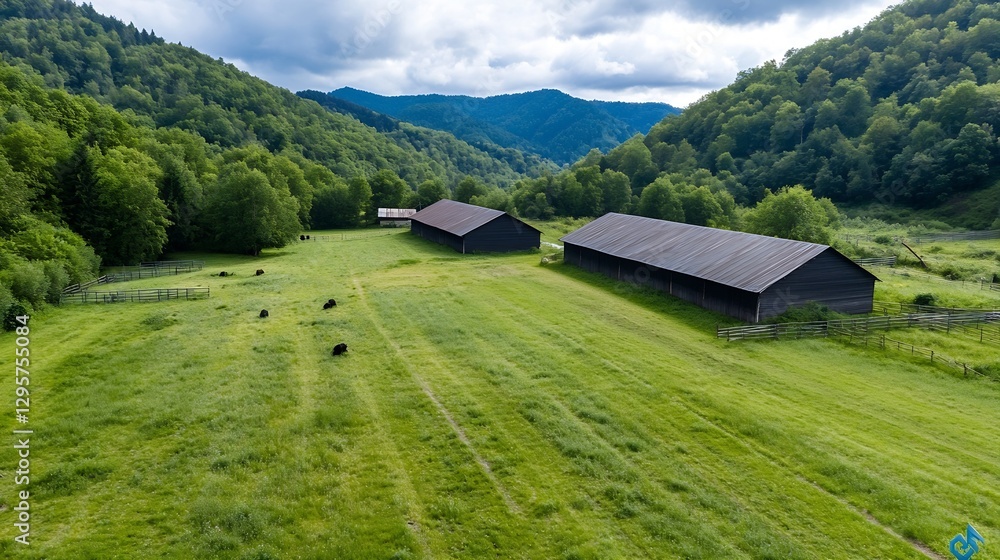 Aerial view of green rural landscape with barns and pasture creating a serene agricultural scene with mountains in the background : Generative AI Aerial view of green rural landscape with barns and pasture creating a serene agricultural scene with mountains in the background : Generative AI