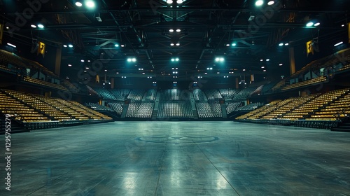 Illuminated seating highlights an unoccupied mma arena with a clear view of the main stage area