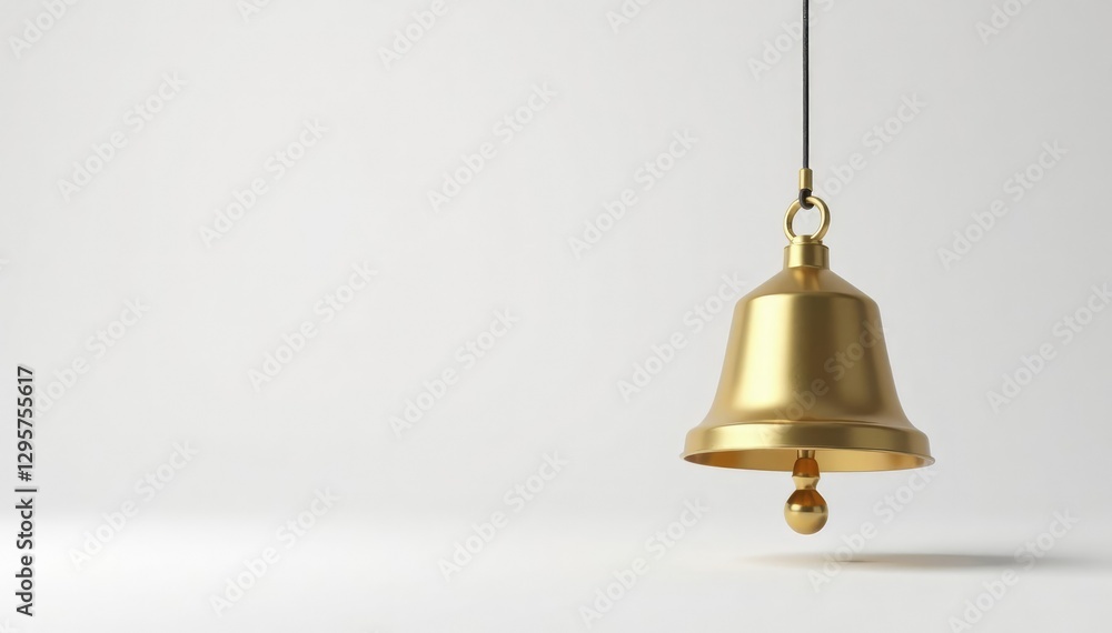 Obraz premium Simple white background with a single golden bell hanging from it, empty, isolation