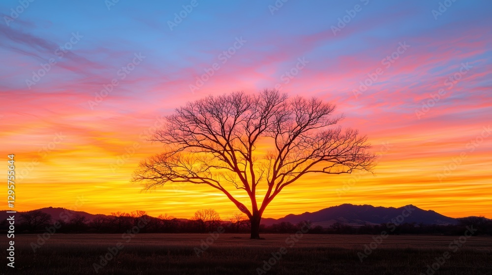 A solitary tree stands against a vibrant sunset, with colorful hues of orange, pink and blue illuminating the sky and mountains in the background. A solitary tree stands against a vibrant sunset, with colorful hues of orange, pink and blue illuminating the sky and mountains in the background.