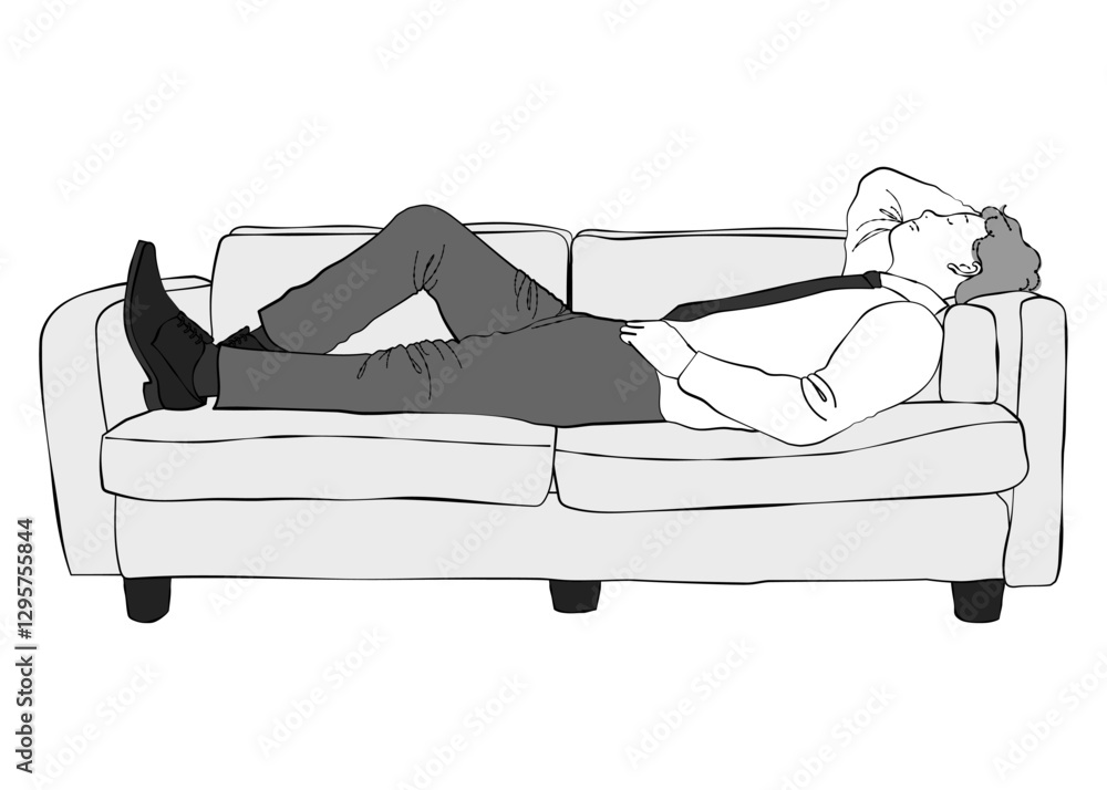 ソファで眠るビジネスマン男性のイラスト 全身横向き 仰向け