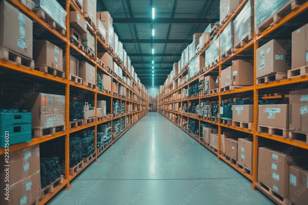 Warehouse layout shows organized rows of stacked boxes with ample space for movement and operations Warehouse layout shows organized rows of stacked boxes with ample space for movement and operations