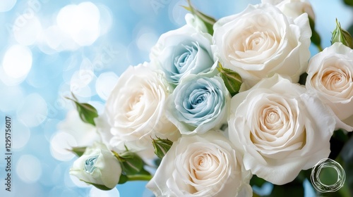 Captivating bouquet of white and light blue roses floral arrangement close-up view elegant decor
