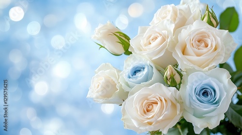 Captivating closeup of white and light blue roses floral arrangement soft bokeh background nature detail focus