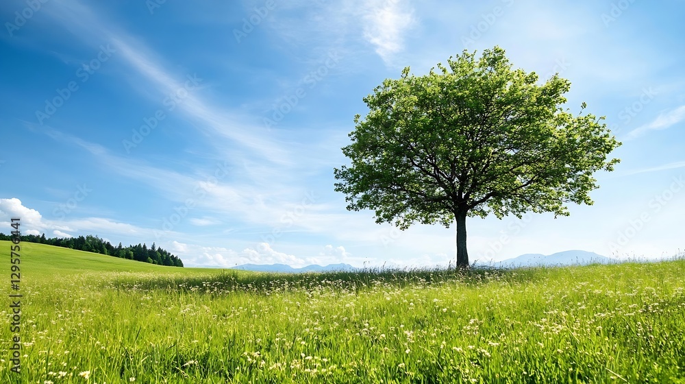 Lush green tree standing alone in a tranquil field under a bright blue sky symbolizing nature and growth : Generative AI Lush green tree standing alone in a tranquil field under a bright blue sky symbolizing nature and growth : Generative AI