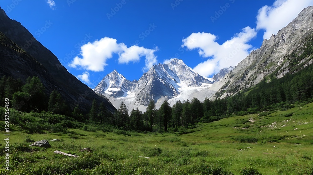 Obraz premium Lush Green Valley Surrounded by Towering Snowy Mountains and Bright Blue Sky : Generative AI
