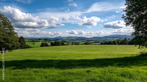 Expansive Green Field Under Beautiful Cloudy Sky : Generative AI photo