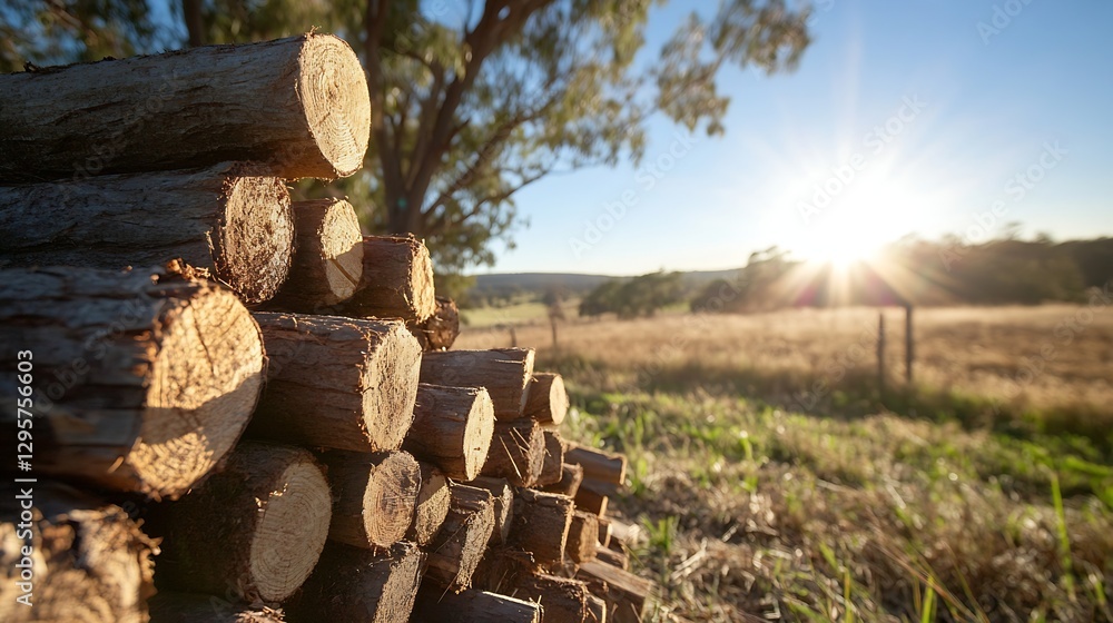 Stack of logs in a sunny field with trees and a clear blue sky in the background during sunset : Generative AI