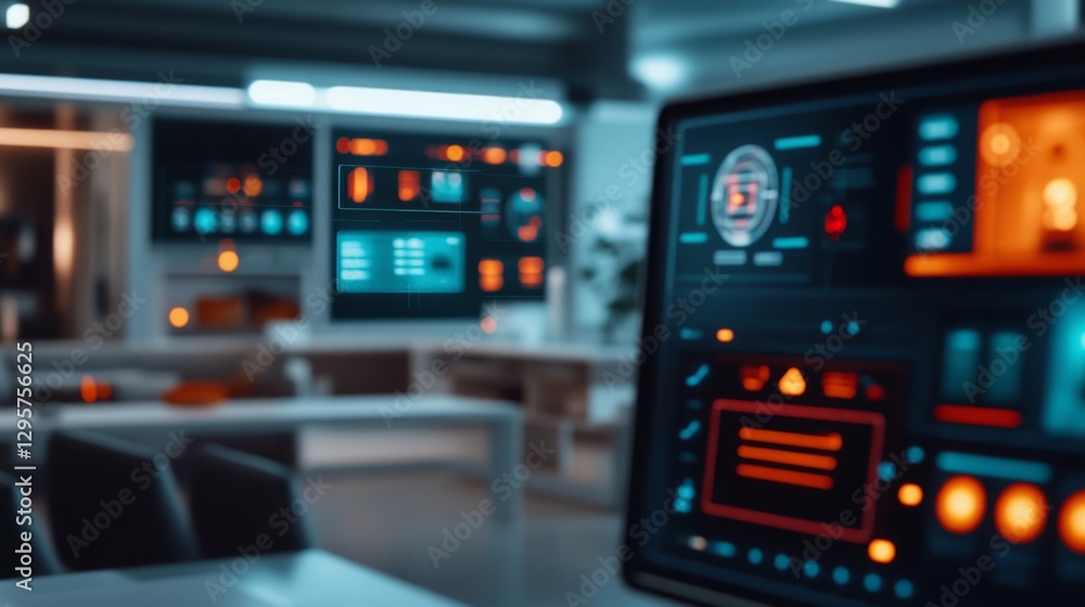 Futuristic home control system, interactive display, modern interior, blurred background Futuristic home control system, interactive display, modern interior, blurred background