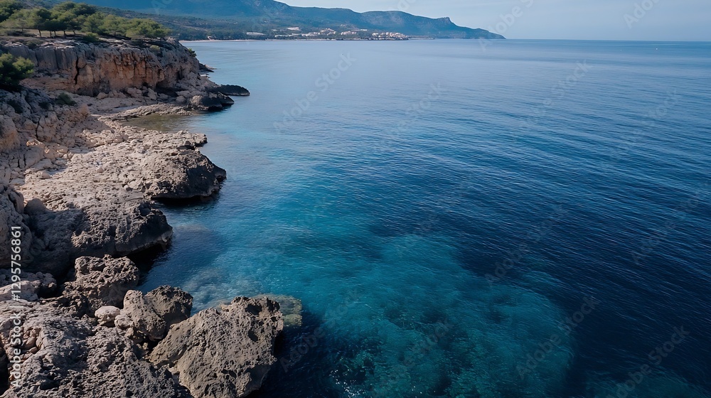Breathtaking View of a Rocky Coastline with Crystal Clear Waters and Scenic Mountains : Generative AI Breathtaking View of a Rocky Coastline with Crystal Clear Waters and Scenic Mountains : Generative AI