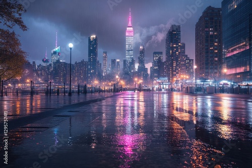 City skyline illuminated at night with reflections after rain