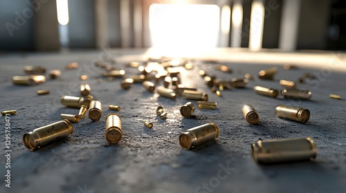 A creative close up shot of scattered spent shell casings bullet cartridges and ammunition littered across a gritty concrete floor conveying the concept of violence danger