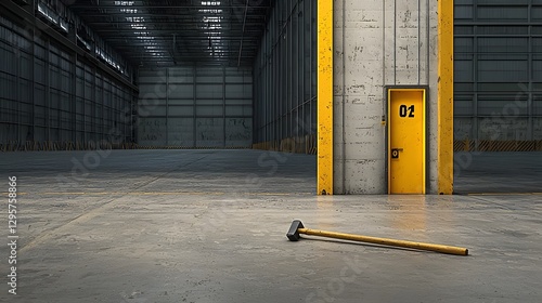 A crowbar lies on the ground next to a pried open door in the interior of an empty industrial warehouse  The scene suggests a recent forced entry