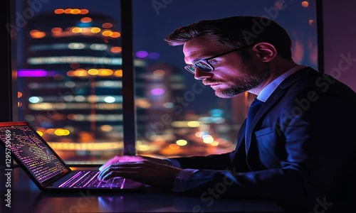 Businessman working on laptop in night office