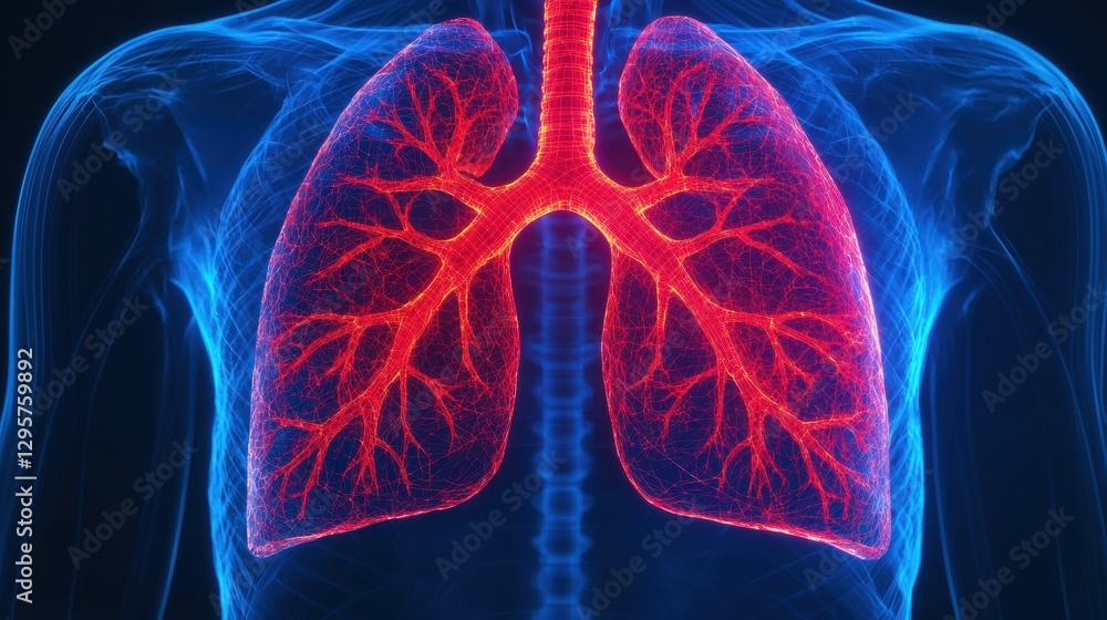 A vivid illustration of human lungs, showcasing intricate bronchial structures in a vibrant blue and red design, emphasizing respiratory function. A vivid illustration of human lungs, showcasing intricate bronchial structures in a vibrant blue and red design, emphasizing respiratory function.