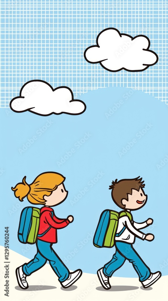 Kids walking to school, cartoon illustration, sky background. Possible use Educational material, children's book Kids walking to school, cartoon illustration, sky background. Possible use Educational material, children's book