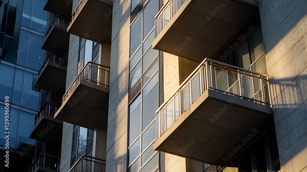 Fototapeta premium Modern architecture showcasing sunlit balcony and concrete facade in urban setting : Generative AI