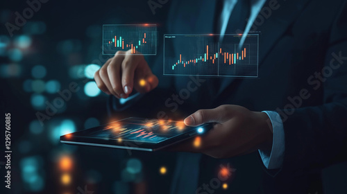 A businessman in a dark suit and tie interacts with a glowing digital tablet. Floating above the tablet are financial market graphs photo