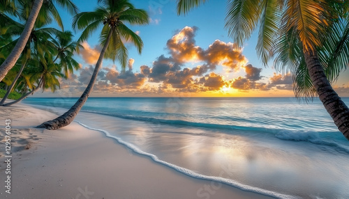 Paradise Beach: The sun sets over a tropical beach with gentle waves lapping the shore, palm trees swaying gently, and a sky painted with vibrant colors.