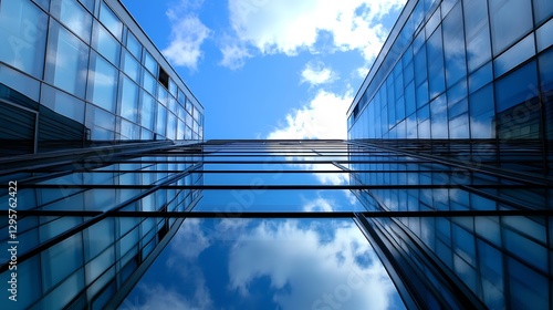 Modern Bright Office Building with Glass Facade Reflecting Sky and Clouds on a Sunny Day : Generative AI