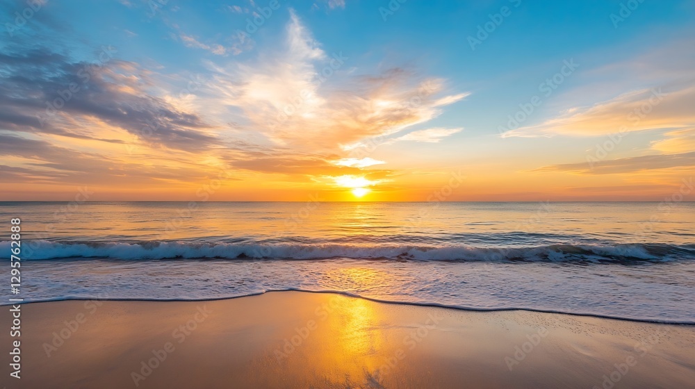 Obraz premium Stunning Sunset Over Calm Ocean Waves with Reflections on Sandy Beach : Generative AI