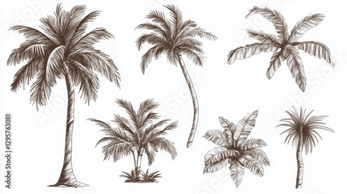Hand drawn tropical palm trees. Vector set of hawaii beach palm tree, fern and frond outline, botany flora tropical illustration