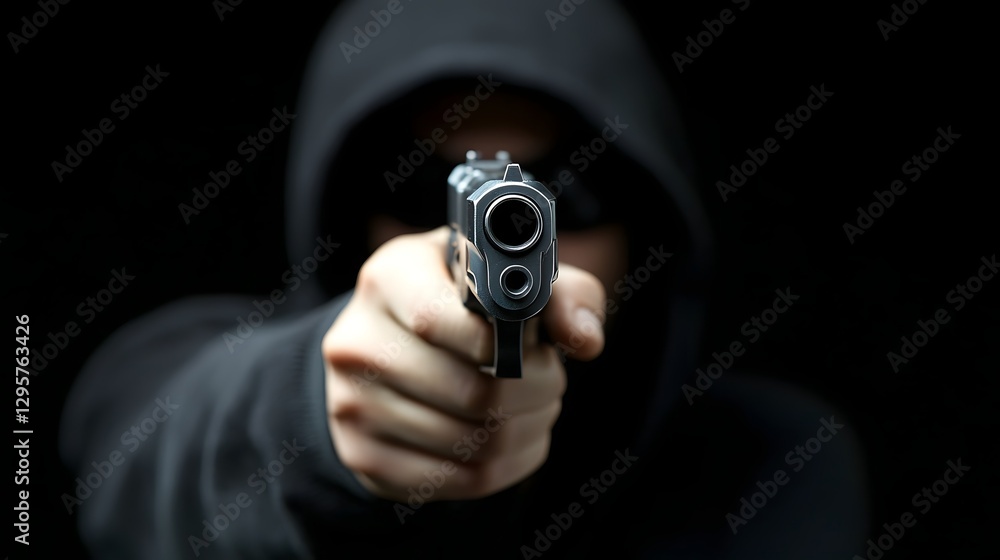 A mysterious shadowed figure wearing a black hoodie discreetly holding a gun under the dim moody lighting of an ominous cinematic scene A mysterious shadowed figure wearing a black hoodie discreetly holding a gun under the dim moody lighting of an ominous cinematic scene