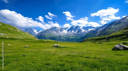Wallpaper Mural Vibrant Green Mountain Landscape Under a Bright Blue Sky and Fluffy Clouds : Generative AI Torontodigital.ca