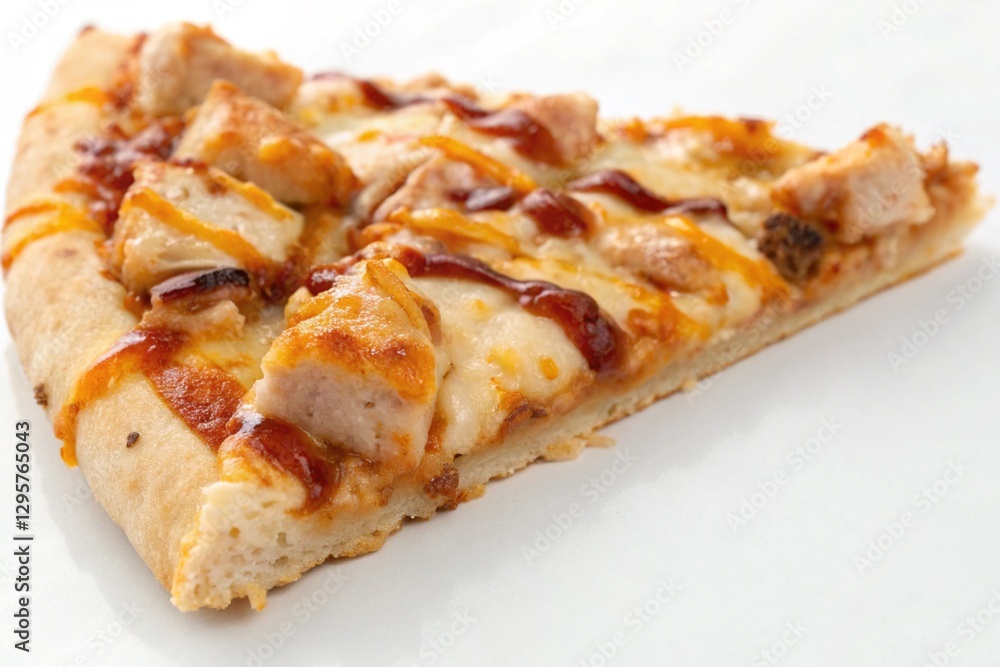 bbq chicken pizza slice with melted cheese on white bbq chicken pizza slice with melted cheese on white