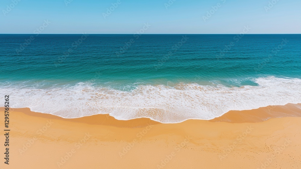 Fototapeta premium A serene beach scene showcasing golden sand meeting a calm blue ocean under a clear sky.