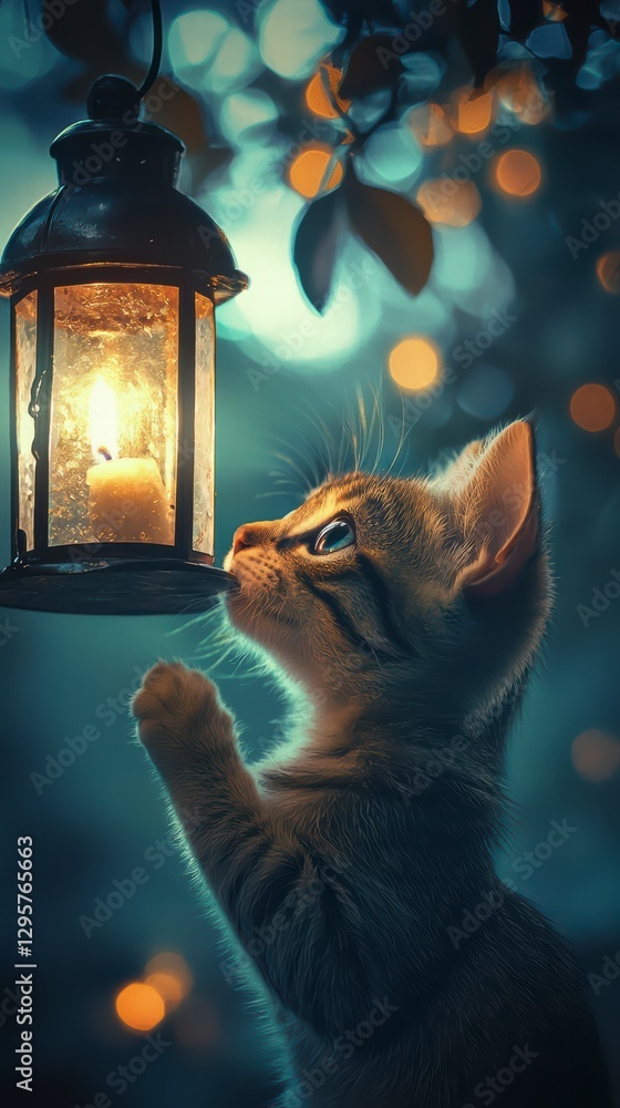 Obraz premium Curious Kitten's Candlelit Wonder: A charming kitten gazes with wide-eyed fascination at a lit lantern suspended in a softly lit, enchanting scene.